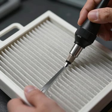 A close-up of a high-quality air filter being cleaned by a professional technician, showing the detail of the mesh and the efficiency of the maintenance process.