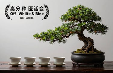 A serene still life photograph of a traditional tea set and a small bonsai tree against an Off-White Mist background, representing Taoist medicine and balance.