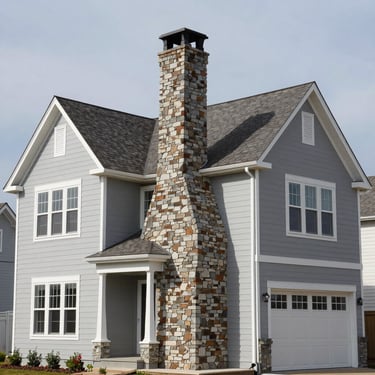 A professional wide shot of a multi-story North American home with a newly restored chimney. The image is bright, with clean lines and neutral grays, emphasizing structural integrity and high-end property maintenance.