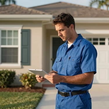A professional technician wearing a slate blue uniform standing outside a Florida home, providing a free assessment to a homeowner. Warm, sunny lighting.