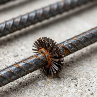 Macro photography of an iron re-bar rod with some rust being cleaned with a wire brush, showing the detailed texture of the metal and concrete.