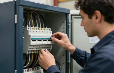 A close-up of an electrical professional in a North American / International industrial site inspecting a dark navy breaker panel.
