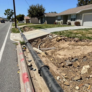 Construction crew working on a modern ADU addition in a sunny California neighborhood.