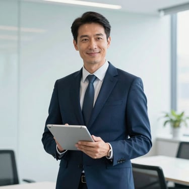 A professional portrait of a financial consultant in a navy suit standing in a bright, modern London office, holding a tablet, looking friendly and reassuring, light blue and white background colors.