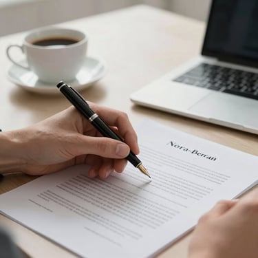 A detailed shot of a person's hands signing a document with a high-quality fountain pen, a cup of coffee and a laptop nearby, bright and professional Northern European office setting.