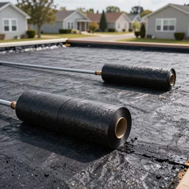 Heavy-duty commercial roofing tools and rolls of modified bitumen on a clean, professional work site in a North American / US neighborhood.