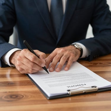 Primer plano de un documento que se firma sobre un escritorio de madera pulida en un entorno pro.