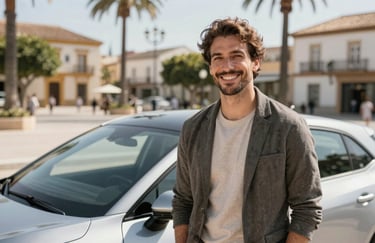 A satisfied customer in smart-casual attire smiling in front of a modern vehicle in a sunny Southern European / Spanish plaza, natural lighting.