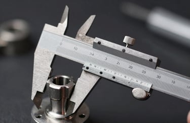A high-precision vernier caliper measuring a metallic hardware part, shallow depth of field, professional lighting.