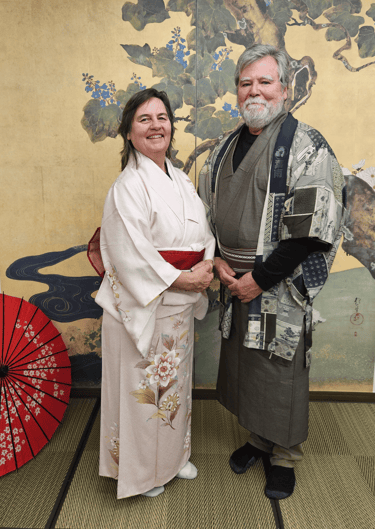 Kakkoii adventures founders  William and Mary dressed in traditional kimonos