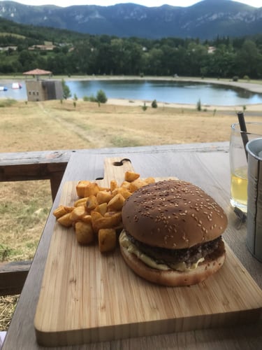Gourmet sesame seed burger and potato wedges on a wooden board a scenic mountain Quillan lake view.