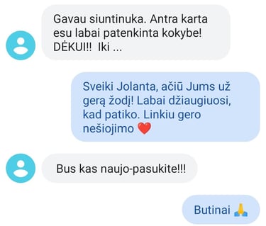 Ekrano nuotrauka su kliento atsiliepimu: moteris dėkoja už peruką ir antrą kartą yra labai patenkinta kokybe.