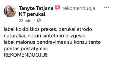 Ekrano nuotrauka su kliento atsiliepimu: moteris giria kokybiškus perukus, natūralią jų išvaizdą ir greitą pristatymą.