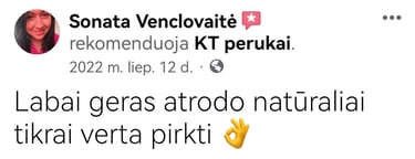 Ekrano nuotrauka su kliento atsiliepimu: moteris džiaugiasi peruku, kuris atrodo natūraliai ir yra vertas pirkti.