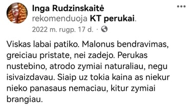 Ekrano nuotrauka su kliento atsiliepimu: moteris džiaugiasi greitu pristatymu ir natūraliai atrodančiu peruku už gerą kainą.