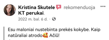 Ekrano nuotrauka su kliento atsiliepimu: moteris nustebinta prekes kokybe, kuri atrodo natūraliai, ir dėkoja už puikų produkt