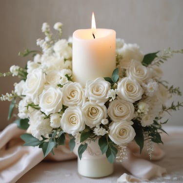 White handmade pillar candles on a wooden table for contact and inquiries
