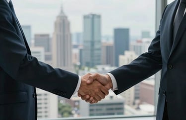 Two professionals in a Global / International setting shaking hands in a high-rise office overlooking a city skyline.