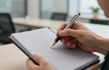 Close-up of a professional's hand holding a high-end fountain pen over a Misty Gray notepad in a bright Global / International business lounge.