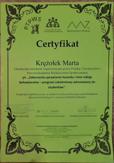 Jeden z certyfikatów z szerokiej gamy szkoleń lub kursów