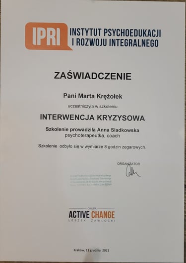 Jeden z certyfikatów z szerokiej gamy szkoleń lub kursów