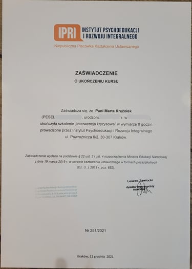 Jeden z certyfikatów z szerokiej gamy szkoleń lub kursów