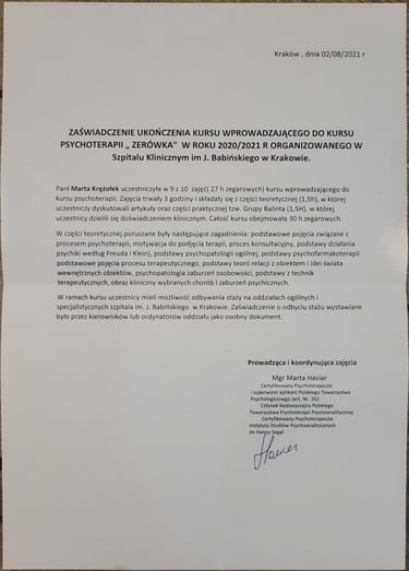 Jeden z certyfikatów z szerokiej gamy szkoleń lub kursów