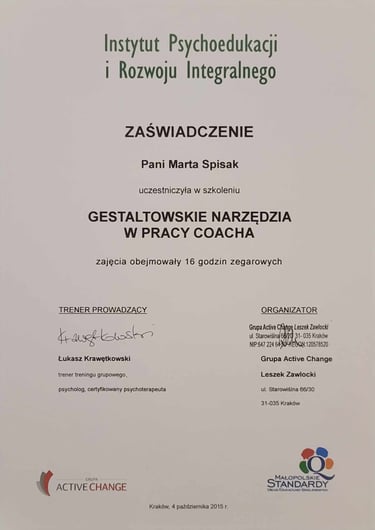 Jeden z certyfikatów z szerokiej gamy szkoleń lub kursów