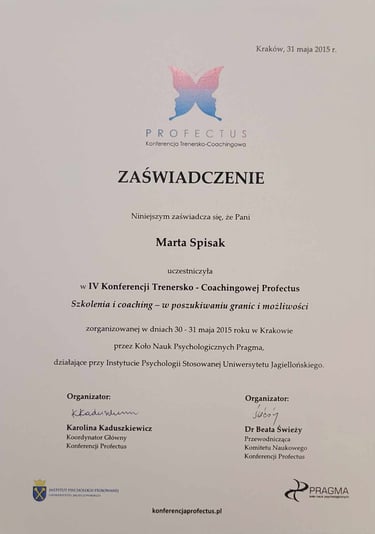 Jeden z certyfikatów z szerokiej gamy szkoleń lub kursów