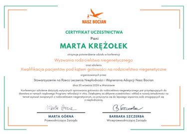 Jeden z certyfikatów z szerokiej gamy szkoleń lub kursów. Nasz Bocian