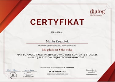 Jeden z certyfikatów z szerokiej gamy szkoleń lub kursów