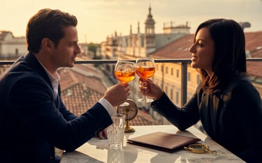 Couple toast with orange aperitivo cocktails on a rooftop balcony at sunset overlooking a European city.