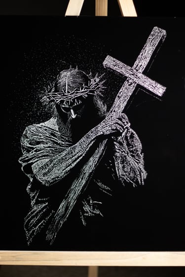 Jesus Christ carrying the cross - hyper-realistic shattered glass portrait by Yasin Uca.