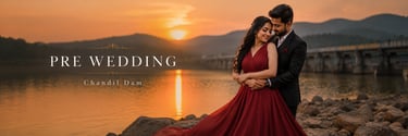 Romantic pre wedding couple shoot at Chandil Dam during sunset, featuring an elegant couple pose bes