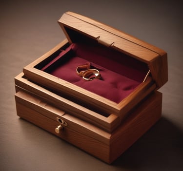 Boîte à bijoux en bois de noyer Élégance ouverte sur une coiffeuse avec bijoux organisés, miroir et lumière naturelle