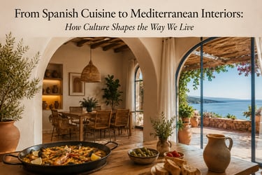A warm Mediterranean-style interior inspired by Spanish culture, featuring arched architecture