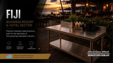 Freestanding catering table showcasing stainless steel benches Fiji at sunset.