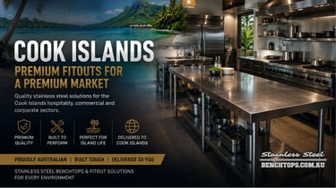 Premium kitchen setup featuring durable stainless steel Benches Cook Islands.