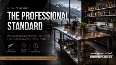 Commercial kitchen prep table and stainless steel Benches New Zealand overlooking mountain views.