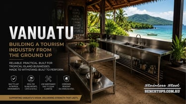 Commercial kitchen sink and stainless steel benches Vanuatu looking out at a tropical beach.