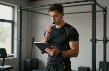 A portrait of a focused trainer standing in a jet black gym, holding a whistle and tablet, wearing high-performance gear with muted gold accents.