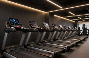 An ultra-modern treadmill and cardio area in a high-end gym with jet black walls and glowing muted gold LED accent lighting.
