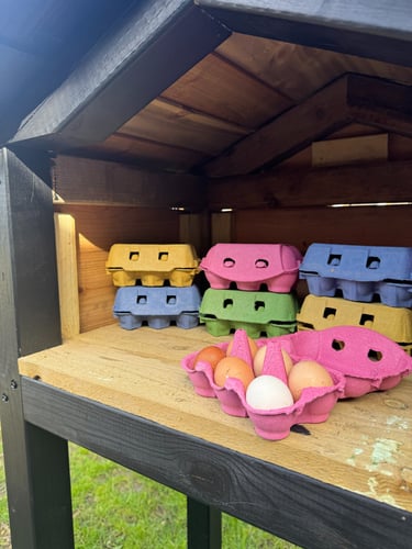 Fresh organic farm eggs in colorful cartons inside a wooden farm stand coop.
