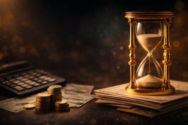 Ampulheta dourada sobre dinheiro e moedas ao lado de calculadora.