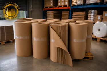 Large rolls of brown corrugated cardboard packaging material on pallets in a warehouse.