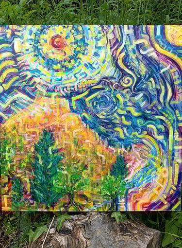 peinture acrylique aux couleurs vives d'un paysage de montagne nocturne et psychédélique