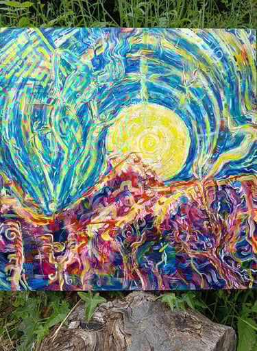 Peinture acrylique représentant un paysage nocturne montagneux dans lequel se dessinent des êtres angéliques et féériques