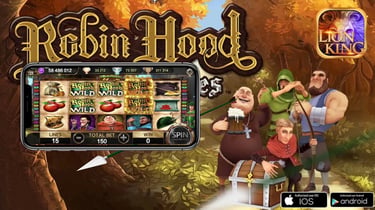 Robin Hood online slot machine game app featuring characters and wild symbols on a smartphone screen.