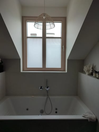 Dideli vonios kambario langai padengti matine plėvele šviesos sklaidai ir privatumo užtikrinimui