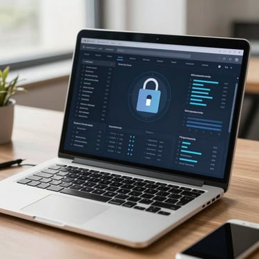 Close up of high-end business laptop displaying data security dashboard, professional setting, natural lighting, clean office desk.